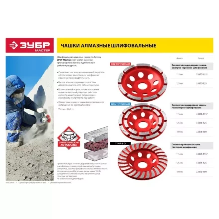 Чашка алмазная шлифовальная по бетону ЗУБР &quot;МАСТЕР&quot; сегментная однорядная, 125мм 33377-125 купить в Челябинске