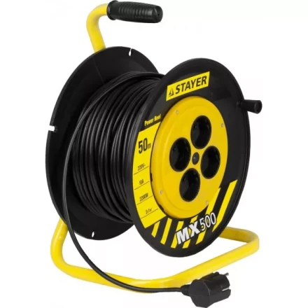 Удлинитель на катушке &quot;MX500&quot;, 50 м, 4 гнезда, ПВС 2x1 кв мм, 2200 Вт, STAYER 55074-50 купить в Челябинске