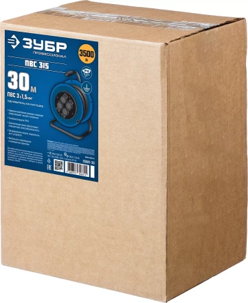 Удлинитель на катушке &quot;ПВС 315&quot;, 30 м, 3500 Вт, 4 гнезда, IP44, ПВС 3х1,5 кв мм, ЗУБР 55081-30 купить в Челябинске