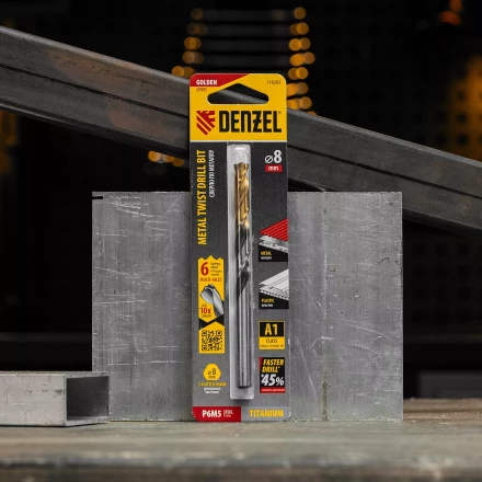 Сверло спиральное по металлу Denzel 8 x 117мм, Р6М5, Golden Tip, многогранная заточка, 718282 купить в Челябинске