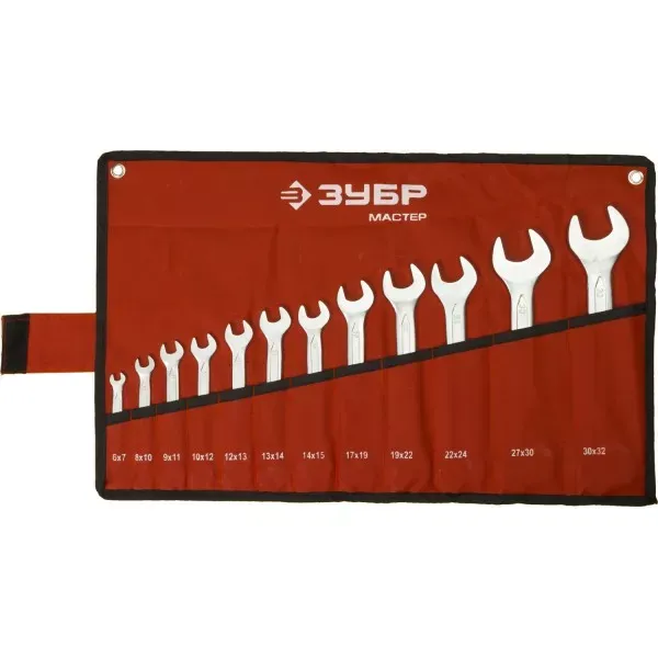 Набор ЗУБР "МАСТЕР": Ключ гаечный рожковый, Cr-V сталь, хромированный, 6-32мм, 12шт 27010-H12 купить в Челябинске