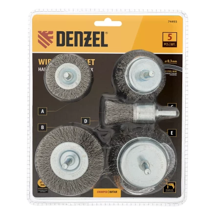 Набор щеток для дрели Denzel, 2 Плоские 50-75мм, 3 Чашки 25-50-75мм, шпилька,  нерж.вит. проволока 74493 купить в Челябинске
