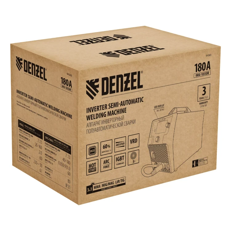 Аппарат инвертор. полуавтомат. cварки Denzel IMIG-185SDR 94363, 180 А, ПВ 60%, катушка 5 кг купить в Челябинске