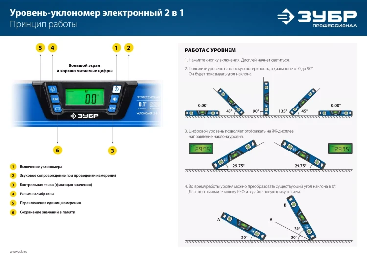 ЗУБР 400 мм, 0-90°, ±0,2°, уровень-уклономер, Профессионал (34286) купить в Челябинске