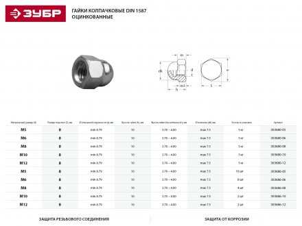 Гайка ЗУБР &quot;МАСТЕР&quot; колпачковая DIN 1587, оцинкованная,  M12, 5кг 303680-12 купить в Челябинске