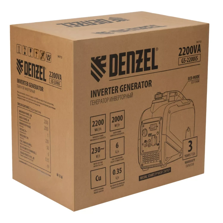 Генератор инверторный DENZEL GS-2200iS, 2,2 кВт, 230 В, закрытый корпус, ручной старт купить в Челябинске