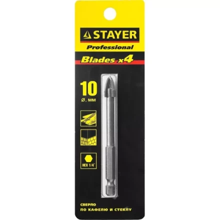 Сверло по кафелю, керамике, стеклу, с четырьмя режущими лезвиями, шестигранный хвостовик, 10 мм, STAYER &quot;PROFESSIONAL&quot; 2985-10 2985-10_z01 купить в Челябинске