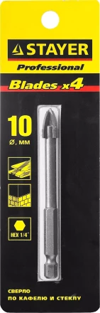 Сверло по кафелю, керамике, стеклу, с четырьмя режущими лезвиями, шестигранный хвостовик, 10 мм, STAYER &quot;PROFESSIONAL&quot; 2985-10 2985-10_z01 купить в Челябинске