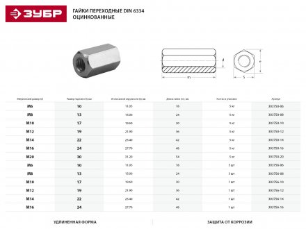 Гайка DIN 6334 переходная, M6, 5 шт, оцинкованная, ЗУБР 303756-06 купить в Челябинске