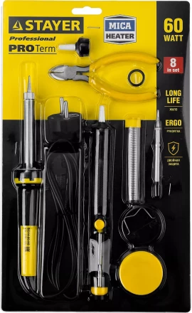 Набор STAYER &quot;PROFI&quot; для паяльных работ, паяльник 55300 + подставка + припой + жало сменное + шприц + насадка на жало + канифоль + кусачки, 60 Вт 55314-60-H8 купить в Челябинске