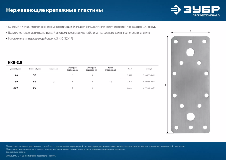 ЗУБР НКП-2.0, 180 x 65 x 2 мм, нержавеющая крепежная пластина, Профессионал (310636-180) купить в Челябинске
