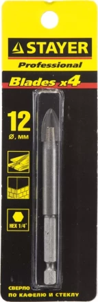 Сверло по кафелю, керамике, стеклу, с четырьмя режущими лезвиями, шестигранный хвостовик, 12 мм, STAYER &quot;PROFESSIONAL&quot; 2985-12 2985-12_z01 купить в Челябинске