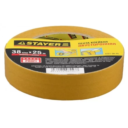 Двухсторонняя клейкая лента на полипропиленовой основе, STAYER 1221-38-25, 38мм х 25м 1221-38-25 купить в Челябинске