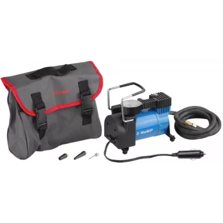 Компрессор ЗУБР "ЭКСПЕРТ" автомобильный давление 10 атм, длина провода 3 м, длина шланга 2 м, 3 насадки 61127 купить в Челябинске