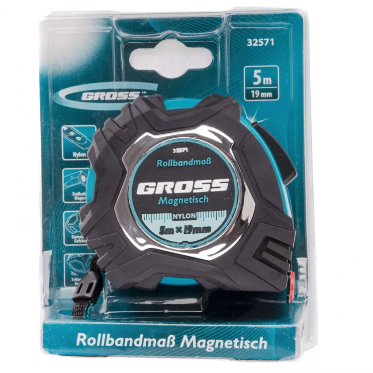 Рулетка Magnetisch 5 м х 19 мм обрезиненный корпус автоматическая фиксация Нейлоновое покрытиеытие зацеп с магнитом Gross 32571 купить в Челябинске