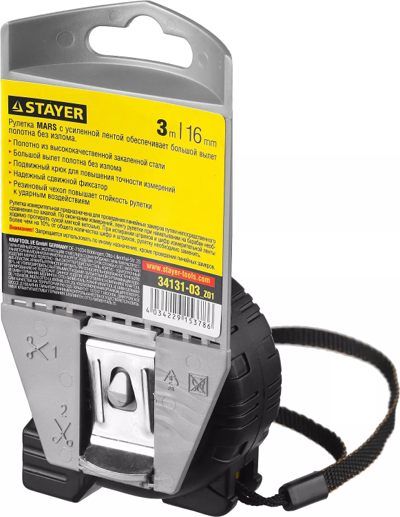 Рулетка STAYER "PROFI" "MARS", обрезиненный корпус, утолщенное полотно, 3мх16мм 34131-03_z01 купить в Челябинске