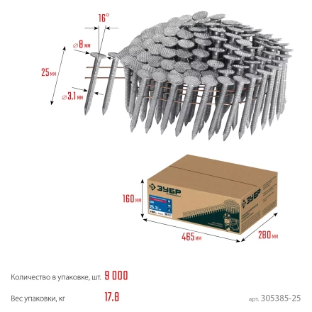 ЗУБР CRN 25 х 3.1 мм, барабанные гвозди кровельные оцинкованные, 9000 шт (305385-25) купить в Челябинске