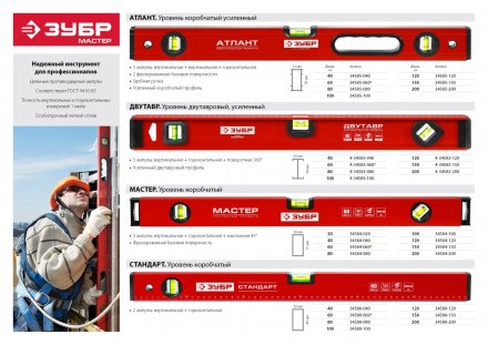 Уровень ЗУБР &quot;СТАНДАРТ&quot; коробчатый, 2 противоударные ампулы, 120см 34588-120 купить в Челябинске