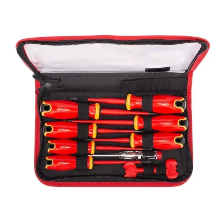 Набор диэлектрических отверток КВТ VDE НИО-2210к сталь S2, профиль SL, PH, PZ/FL и ключи для электрошкафов, 10 предметов (103017) купить в Челябинске