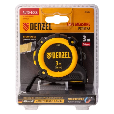 Рулетка Denzel 3м х 16мм, автоматич. фиксац., нейлон. покрытие, магнит. зацеп, двухстор. разметка, 31520 купить в Челябинске