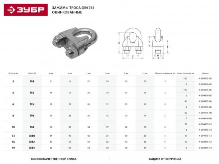 Зажим троса ЗУБР &quot;ПРОФЕССИОНАЛ&quot; DIN 741, оцинкованный, 6мм, 80 шт 4-304415-06 купить в Челябинске