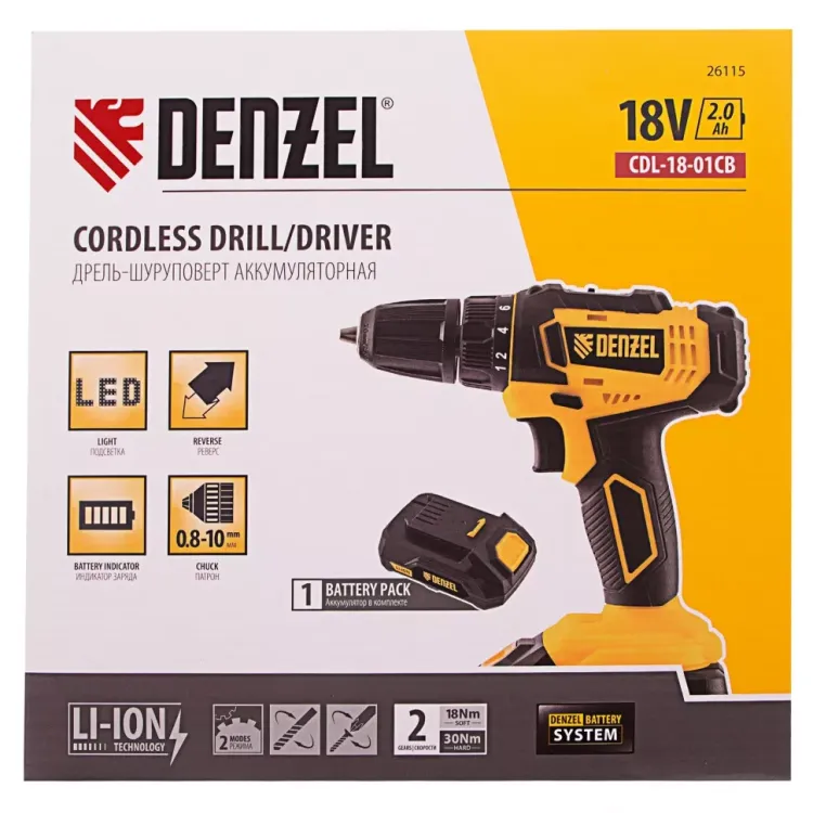 Дрель-шуруповерт аккумуляторная Denzel 26115, CDL-18-01CB, Li-Ion, 18 В, 1 аккумулятор купить в Челябинске