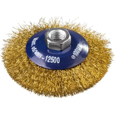 DEXX. Щетка коническая для УШМ, витая стальная латунированная проволока 0,3мм, 100ммхМ14 35105-100 купить в Челябинске