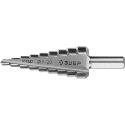 Сверло ЗУБР &quot;МАСТЕР&quot; ступенчатое по сталям и цвет.мет., быстрорежущая сталь, d=4-20мм, 9ступ.d=4-20, L-75 мм,трехгран. хвост. 8мм 29665-4-20-9 купить в Челябинске