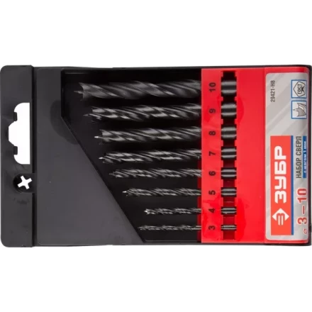 ЗУБР. Набор сверл спиральных по дереву с М-образной заточкой, сталь 65Г, 8шт: 3-4-5-6-7-8-9-10мм 29421-H8 купить в Челябинске