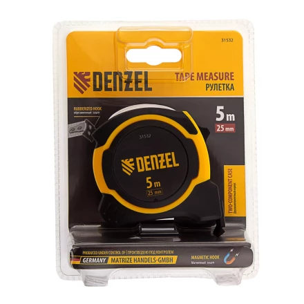 Рулетка Denzel 5м х 25мм, двухкомп. корпус, магнитный обрезиненный зацеп, 31532 купить в Челябинске