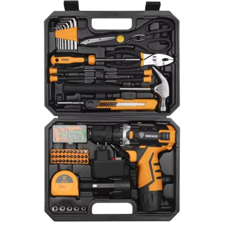 Дрель аккумуляторная DKCD12FU-Li DEKO + набор 104 инструмента для дома, 063-4117 купить в Челябинске