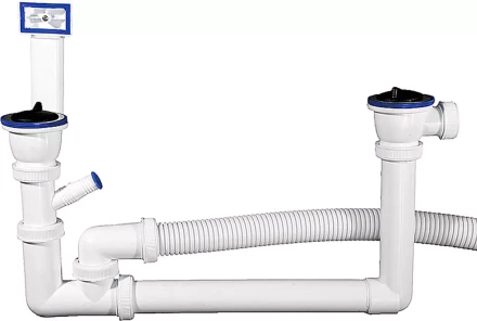 Сифон ЗУБР &quot;МАСТЕР&quot; колбовый для двухместной мойки, выпуск - нержавеющая чашка, перелив, отвод для стиральной машины 51867-2 купить в Челябинске