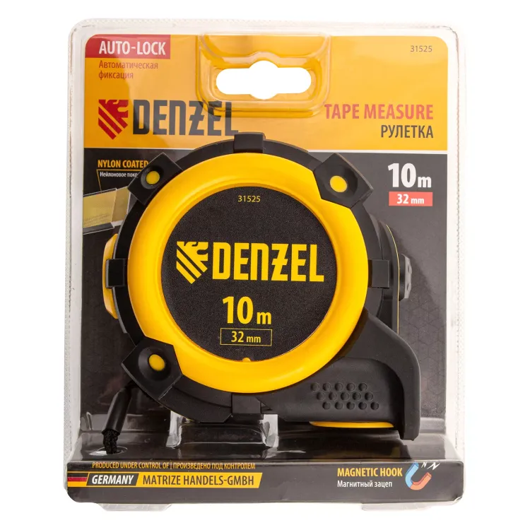 Рулетка Denzel 10м х 32мм, автоматич. фиксац., нейлон. покрытие, магнит. зацеп, двухстор. разметка, 31525 купить в Челябинске