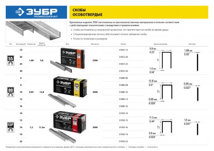 Скобы тип 55, 20 мм, особотвердые, ЗУБР &quot;ПРОФЕССИОНАЛ&quot; 31855-20, 2500 шт 31855-20 купить в Челябинске