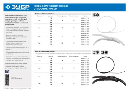 Кабельные стяжки белые КОБРА, с плоским замком, 3.6 х 205 мм, 50 шт, нейлоновые, ЗУБР 30930-36-205 купить в Челябинске