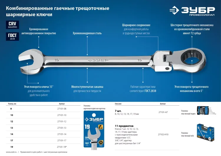 ЗУБР 12 мм, шарнирный трещоточный гаечный ключ, Профессионал (27101-12) купить в Челябинске