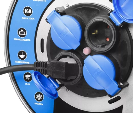 Удлинитель ЗУБР &quot;ПРОФИ&quot; на металл катушке, КГ 3х1,5кв мм, морозостойкий, 4 гнезда, IP44, макс мощность 3500Вт, 30м 55085-30 купить в Челябинске