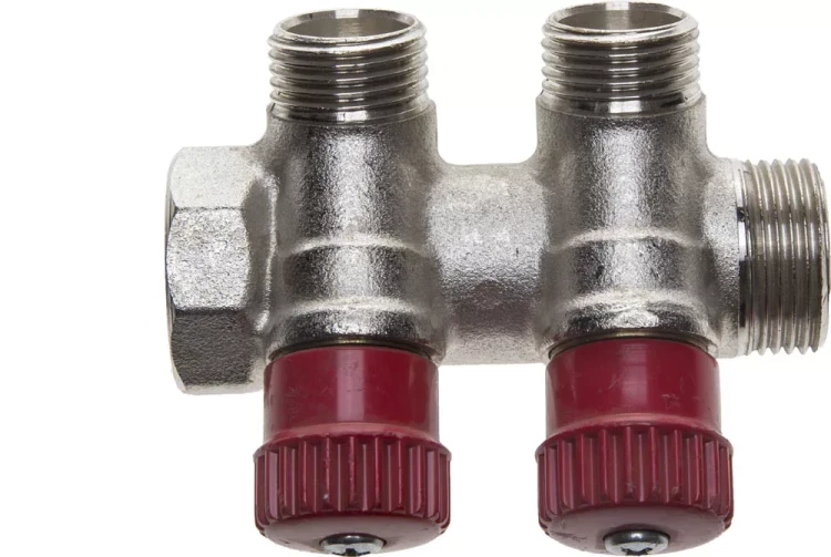 Коллектор GENERAL FITTINGS для горячей воды, вентили, никелированная латунь, вход 3/4" - 2 выхода 1/2" 51046-3/4-1/2-HT2 купить в Челябинске