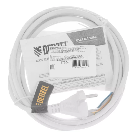 Шнур сетевой Denzel Energy Series, ПВС, 3 м, 2 x 1 мм, с неразборной вилкой, белый, 3 м, 37664 купить в Челябинске