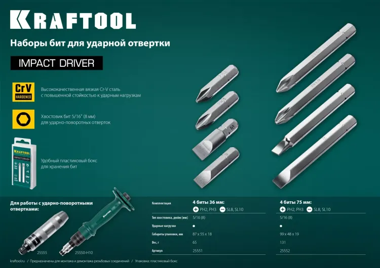Биты для ударно-поворотных отверток KRAFTOOL 25551 купить в Челябинске