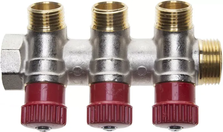 Коллектор GENERAL FITTINGS для горячей воды, вентили, никелированная латунь, вход 3/4" - 3 выхода 1/2" 51046-3/4-1/2-HT3 купить в Челябинске