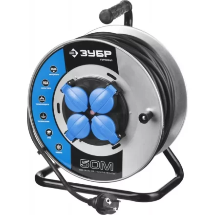 Удлинитель ЗУБР &quot;ПРОФИ&quot; на металл катушке, КГ 3х1,5кв мм, морозостойкий, 4 гнезда, IP44, макс мощность 3500Вт, 50м 55085-50 купить в Челябинске