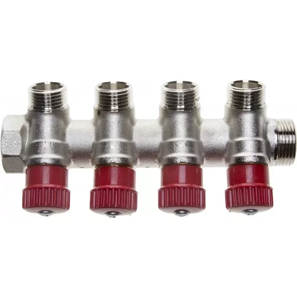 Коллектор GENERAL FITTINGS для горячей воды, вентили, никелированная латунь, вход 3/4" - 4 выхода 1/2" 51046-3/4-1/2-HT4 купить в Челябинске