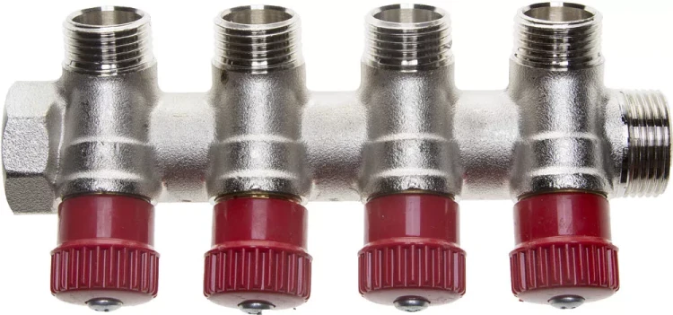 Коллектор GENERAL FITTINGS для горячей воды, вентили, никелированная латунь, вход 3/4" - 4 выхода 1/2" 51046-3/4-1/2-HT4 купить в Челябинске