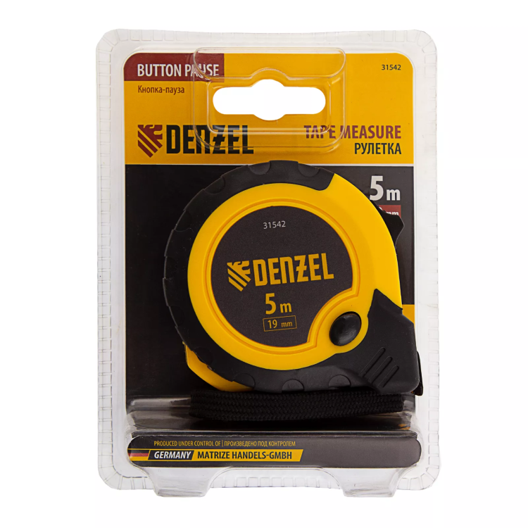 Рулетка Denzel 5м х 19мм, двухкомп. корпус, кнопка-пауза, 31542 купить в Челябинске