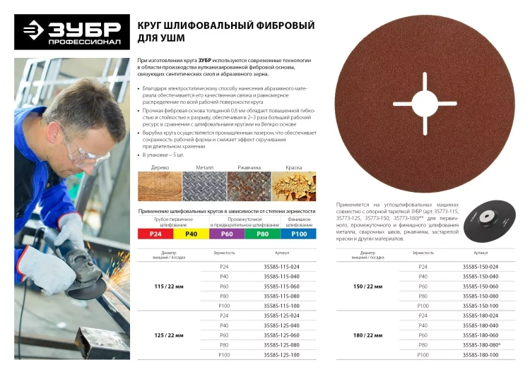 Круг шлифовальный ЗУБР "ПРОФИ" фибровый, для УШМ, P80, 115х22мм, 5 листов 35585-115-080 купить в Челябинске