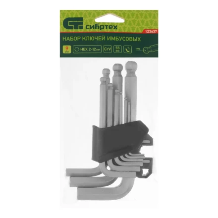Набор ключей имбусовых, HEX, 2-12 мм, CrV, 9 шт., с шаром Сибртех 123637 купить в Челябинске
