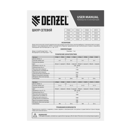 Шнур сетевой Denzel Energy Series, ПВС, 1,5 м, 2 x 1,5 мм, с неразборной вилкой, белый, 3 м, 37668 купить в Челябинске