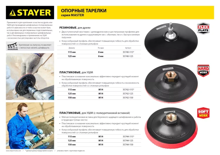 Тарелка опорная STAYER "MASTER" резиновая для дрели, на липучке, d=125мм 35740-125 купить в Челябинске