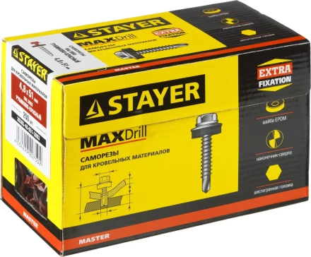 Саморезы СКД кровельные, RAL 3003 рубиново-красный, 51 х 4.8 мм, 250 шт, для деревянной обрешетки, STAYER 30305-48-051-3003 купить в Челябинске